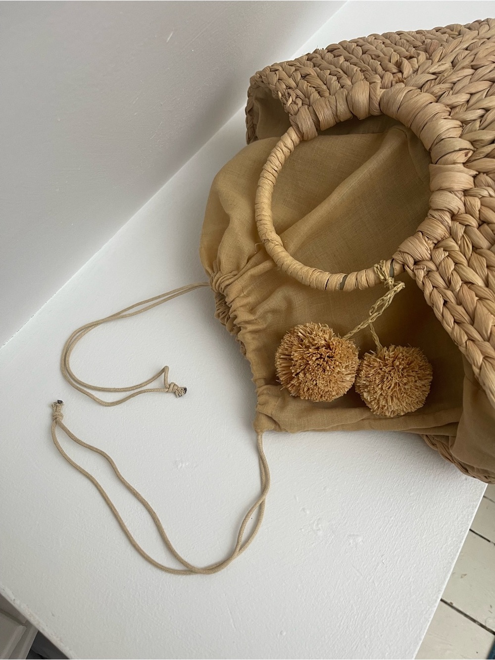 Woven Straw Tote Bag with Pom Pom Accent - Natural - Picture 5 of 8